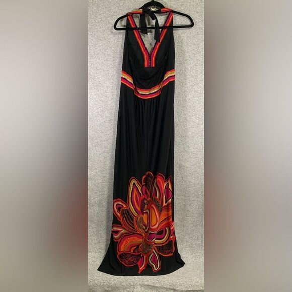 RILEY  Halter Neck Black Pink Floral Long Summer Beach Maxi Dress Size 8 #554 - Picture 3 of 8